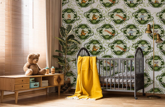 Wallpaper mural featuring an animal musician, perfect for use in decorating a nursery room.