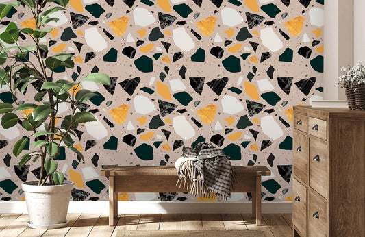 Wallpaper mural for home decoration featuring a terrazzo and marble texture.