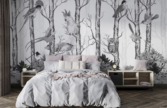 Monochrome Forest Birds Mural Wallpaper