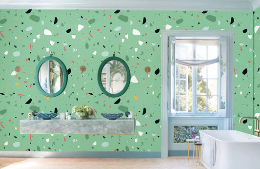 Bathroom Wallpaper Mural with a Fragments Green Marble Pattern