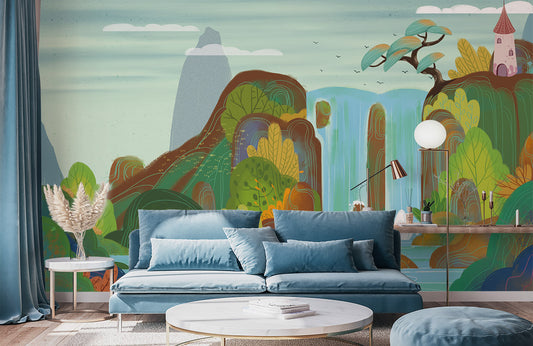Enchanted Waterfall Forest Kids Mural Wallpaper in living room