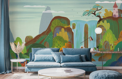 Enchanted Waterfall Forest Kids Mural Wallpaper in living room