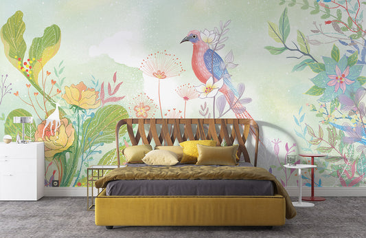 Pastel Botanical Bird Garden Mural Wallpaper