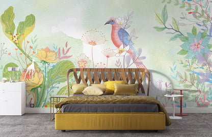 Pastel Botanical Bird Garden Mural Wallpaper in bedroom