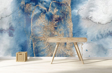Muro della Carta da Parati Acquerello Blu Oro Astratto