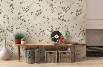 Neutral Botanical Leaf Pattern Mural Wallpaper