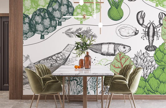Mural Restaurant Wallpaper Featuring Fish and a River