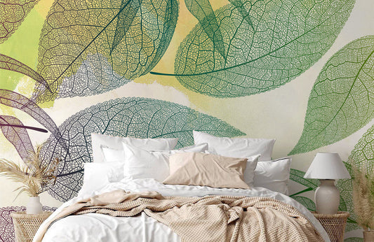 Botanical Leaf Pattern Green Wall Mural