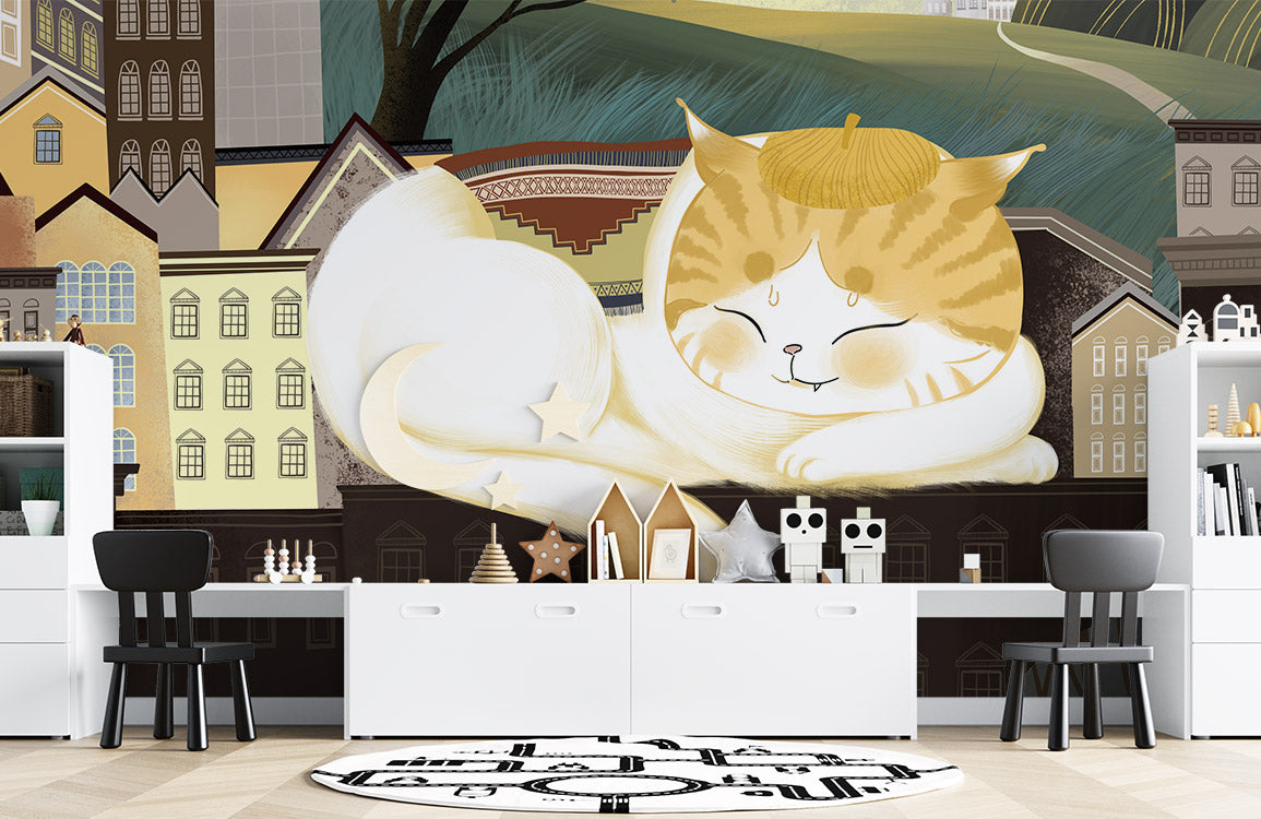 Mural Room Animal Wallpaper Sleeping Cat on Top Floor