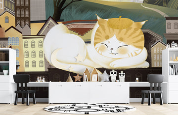 Whimsical Cat Town Illustration Mural Wallpaper