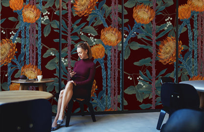 Bold Orange Floral Art Mural Wallpaper in dining area