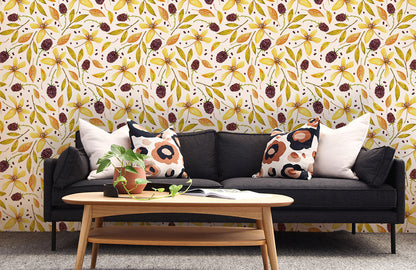 Vintage Botanical Yellow Floral Mural Wallpaper in living room