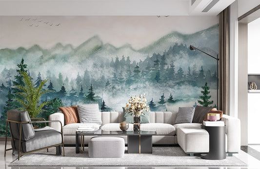 bedroom wallpaper mural featuring a foggy woodland.