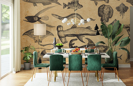 Wallpaper mural with vintage marine fish for use in interior design.