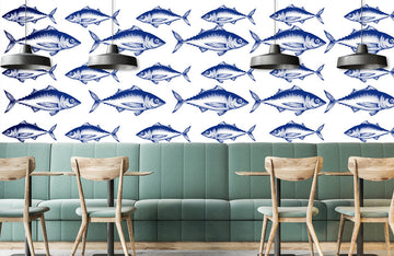 Oceanic Blue Fish Pattern Mural Wallpaper
