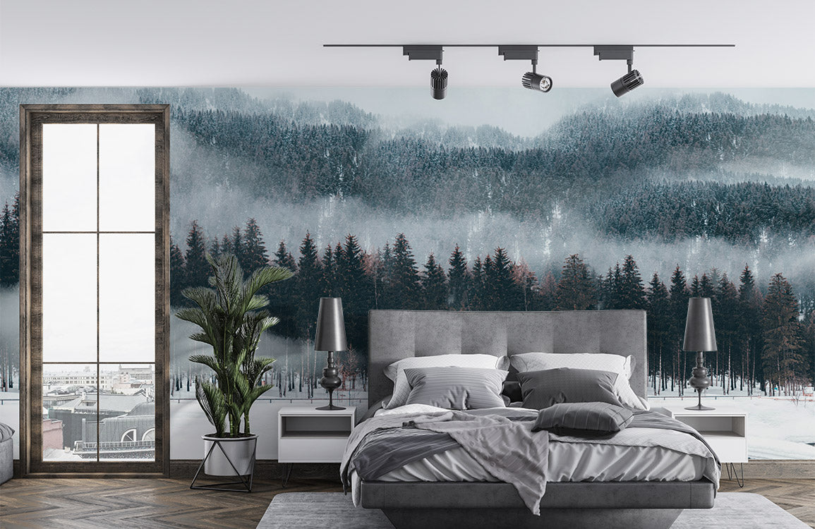 Wallpaper mural of a snowy forest in the room