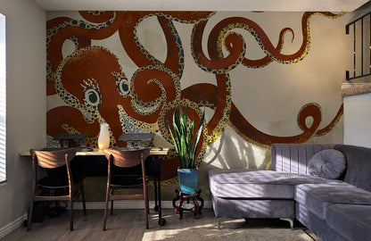 Abstract Octopus Gold Accent Mural Wallpaper in living room