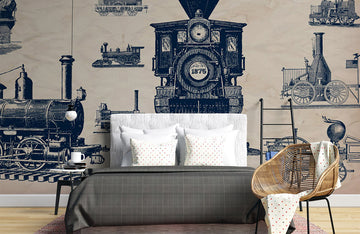 Vintage Train Sketch Art Mural Wallpaper