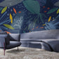 Wallpaper mural with a dark blue leaf pattern located in the room