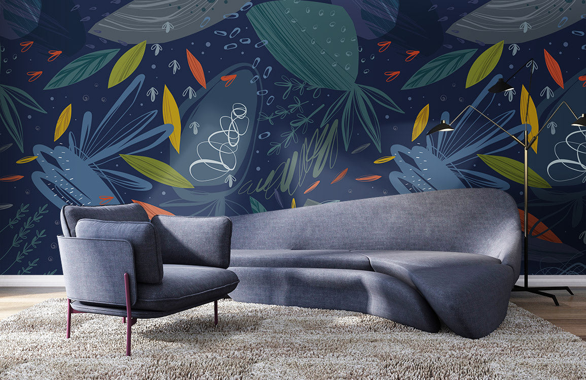 Wallpaper mural with a dark blue leaf pattern located in the room