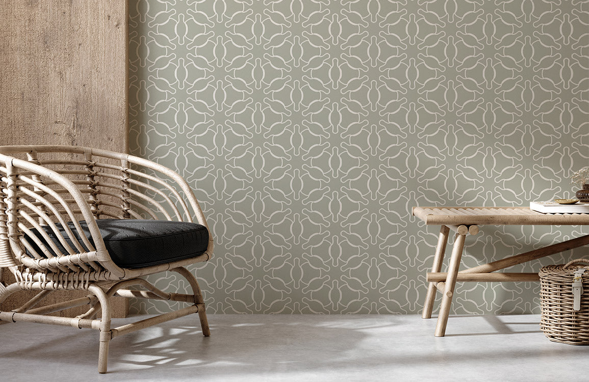 Room with a Mural Featuring a Geometric Flower Pattern Wallpaper