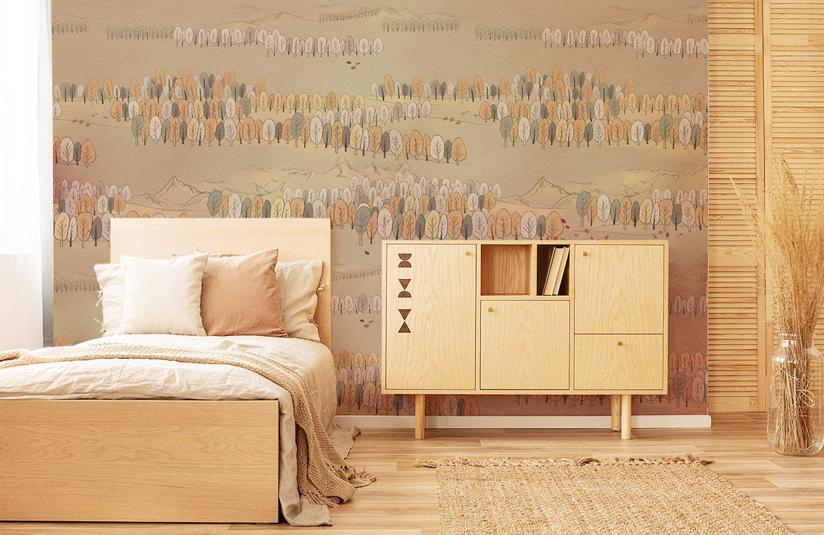 Room with a Mural Wallpaper Featuring a Jungle Sketch Pattern