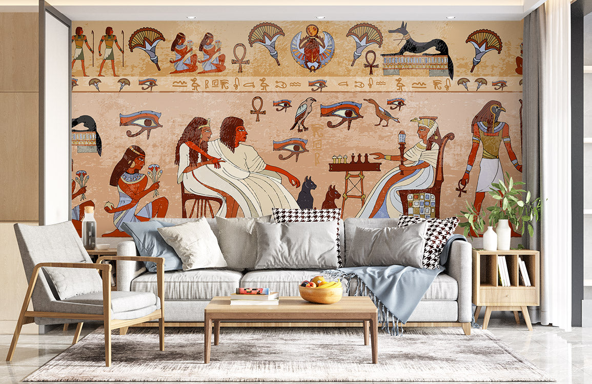 mural wallpaper in the living room depicting ancient Egypt