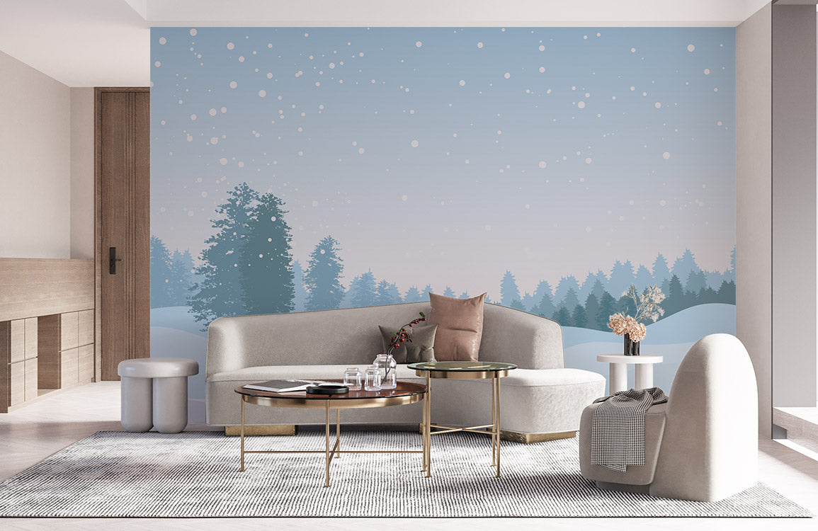 Wall mural featuring a dreamy snow scene with a pastel white colour scheme.