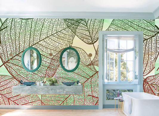 Abstract Botanical Leaf Vein Mural Wallpaper in bathroom