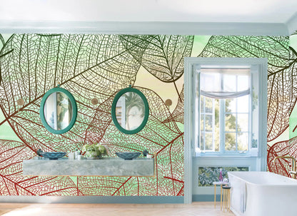 Abstract Botanical Leaf Vein Mural Wallpaper in bathroom