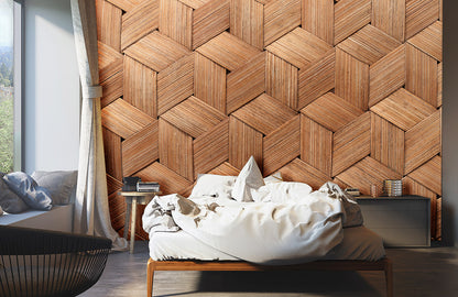 Modern Geometric Wood Texture Mural Wallpaper in bedroom