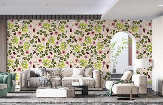 Botanical Green Leaf Floral Mural Wallpaper in living room