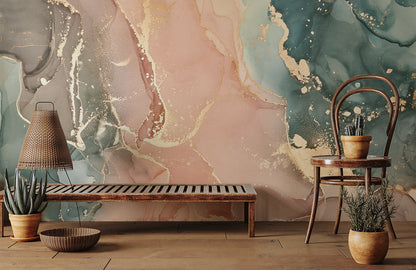 Wallpaper Mural with Pink and Gold Swirls for Home Decor