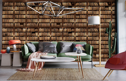 Vintage Library Bookshelf Mural Wallpaper in living room