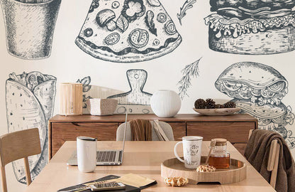Wallpaper for a restaurant that features food and drink