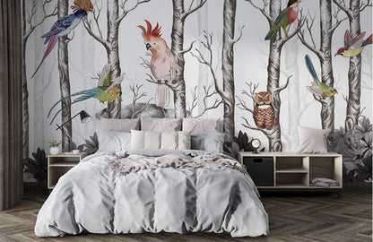 Enchanted Forest Birds Mural Wallpaper in bedroom
