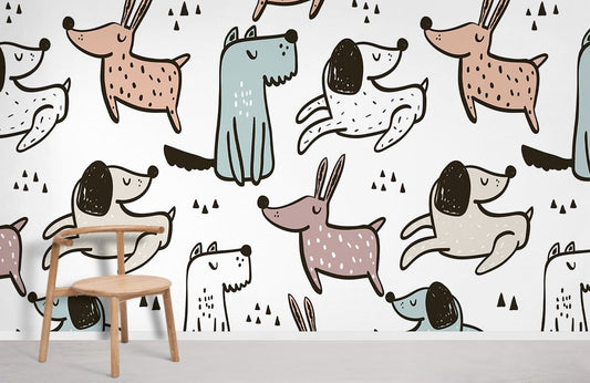Wallpaper mural with a dog pattern for use in interior design.