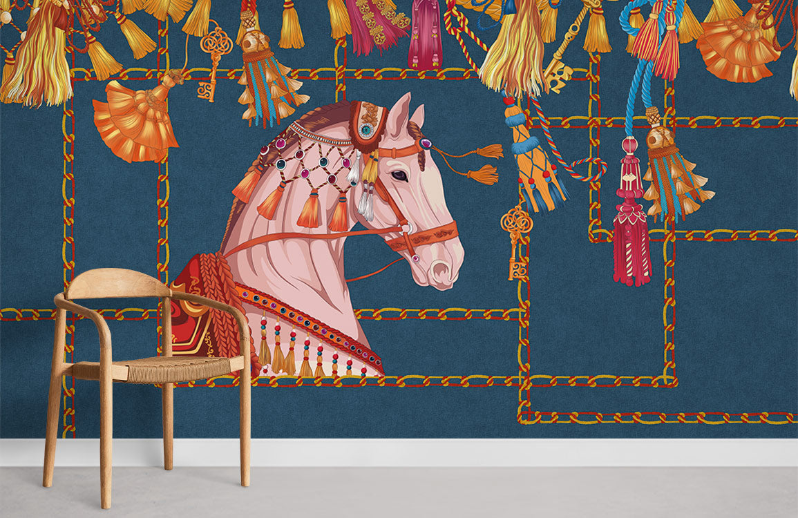 Luxury Equestrian Tassel Navy Mural Wallpaper