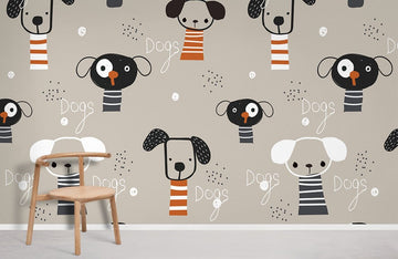 Whimsical Dog Pattern Kids Mural Wallpaper