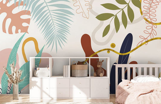 Wallpaper mural featuring an abstract design of colourful leaves, ideal for use in the decoration of a child's bedroom