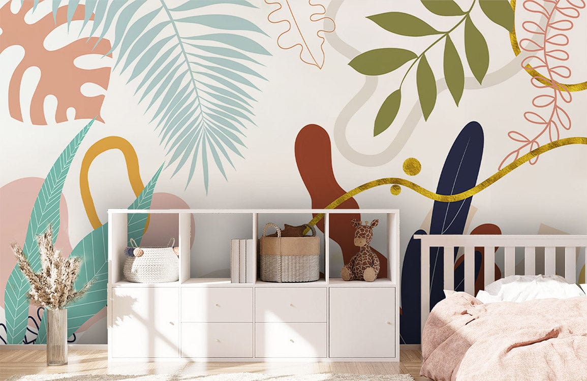 Wallpaper mural featuring an abstract design of colourful leaves, ideal for use in the decoration of a child's bedroom