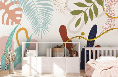 Wallpaper mural featuring an abstract design of colourful leaves, ideal for use in the decoration of a child's bedroom