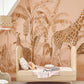 A mural wallpaper design suitable for use in nurseries that depicts various animals living in a tropical environment.
