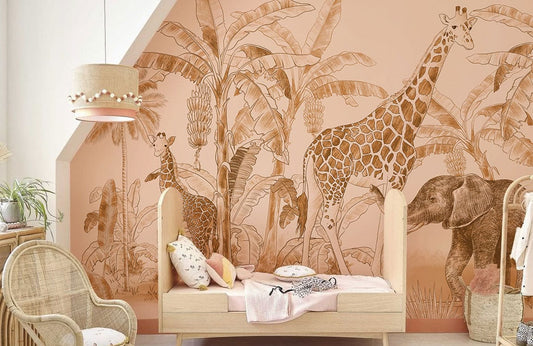 A mural wallpaper design suitable for use in nurseries that depicts various animals living in a tropical environment.