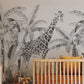 A mural wallpaper design suitable for use in nurseries that depicts various animals living in a tropical environment.