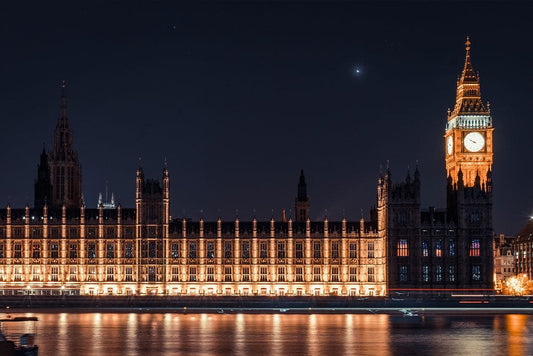 Wallpaper mural featuring a nighttime scene of Big Ben for use in interior design