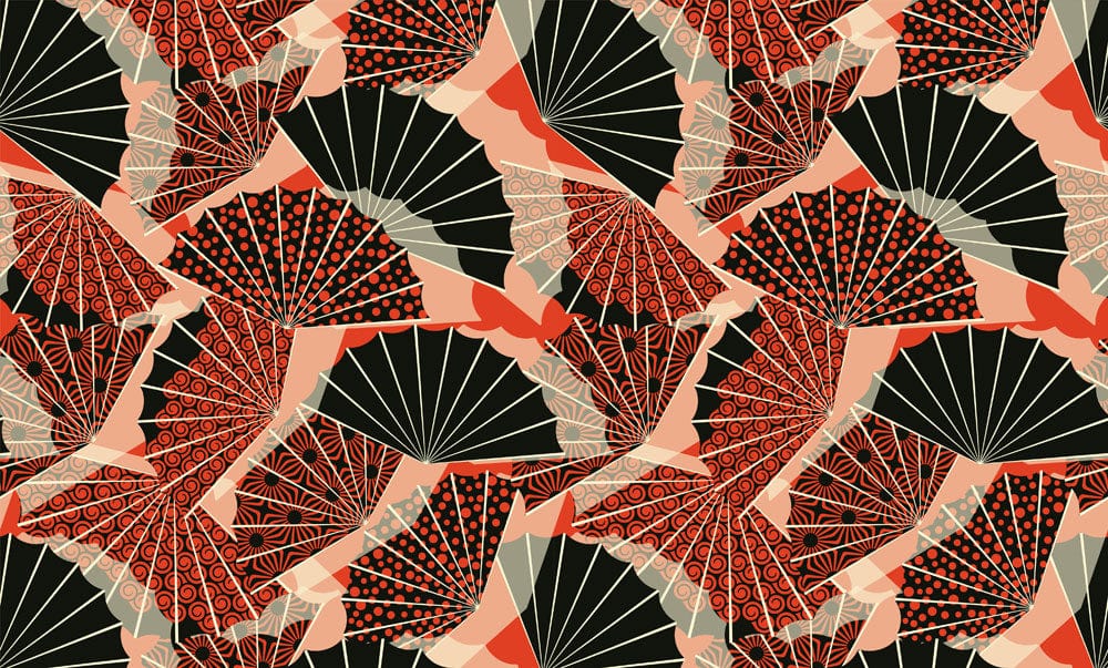 Wallpaper Mural in Black and Red with Fans, Suitable for Home Decoration