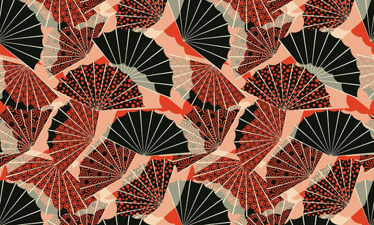 Wallpaper Mural in Black and Red with Fans, Suitable for Home Decoration