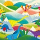 Wallpaper Mural for Home Decoration Featuring Vibrant Mountains and Prehistoric Animals