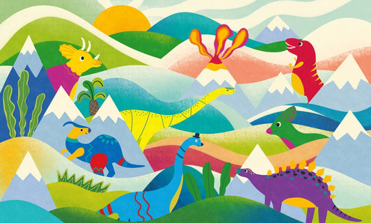 Wallpaper Mural for Home Decoration Featuring Vibrant Mountains and Prehistoric Animals